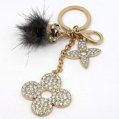 Key Chain - Rabbit Fur w/ Rhinestone Florwers & Crown - Gray -KC-YI5352GY